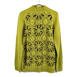 Vintage Suede Wool Crochet Mock Neck Sweater Floral Embroidered